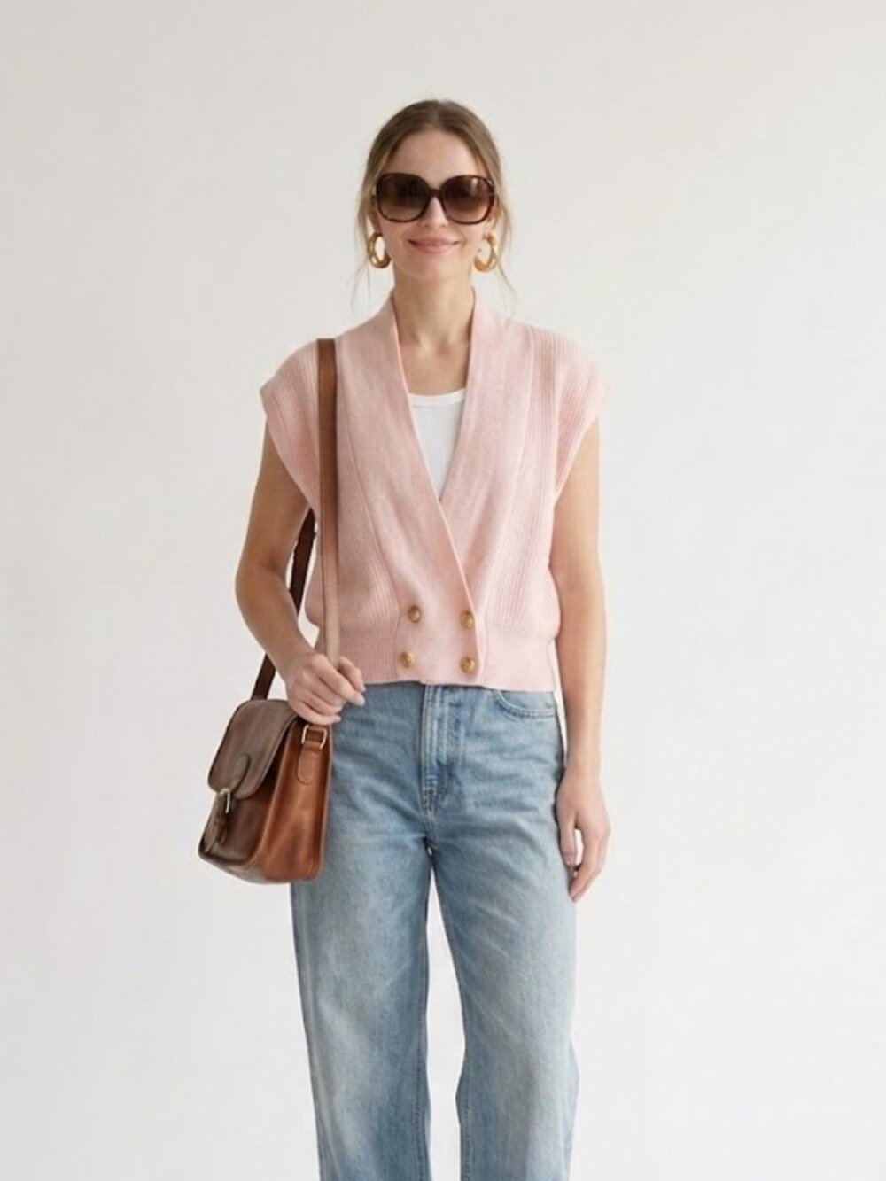 Vintage Lauren Cole Lambswool Angora Sweater Vest Pink Gold Button Petite M - Picture 3 of 9